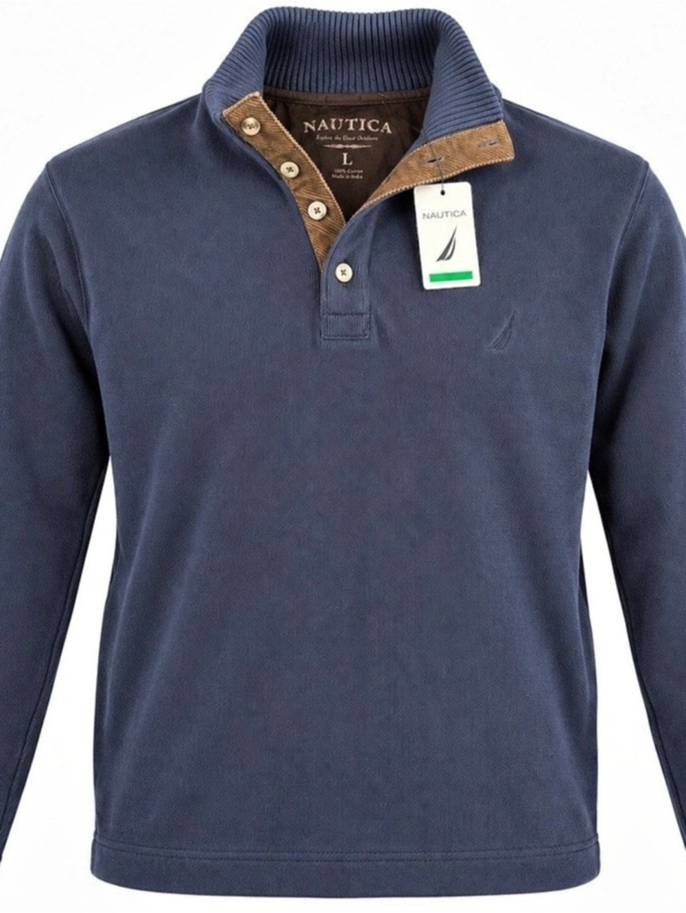 Nautica Men’s Large NWT Navy 100% Cotton Mock Neck Quarter Button Pullover